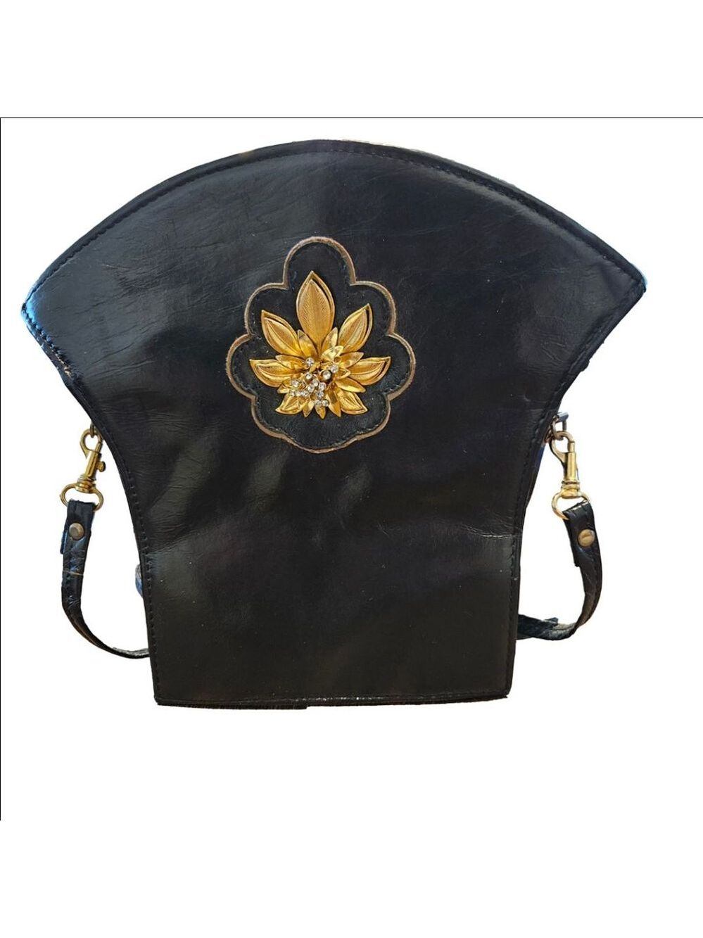 Women's Unbranded Vintage Black Crossbody Bag with Gold Flower, Made in Italy